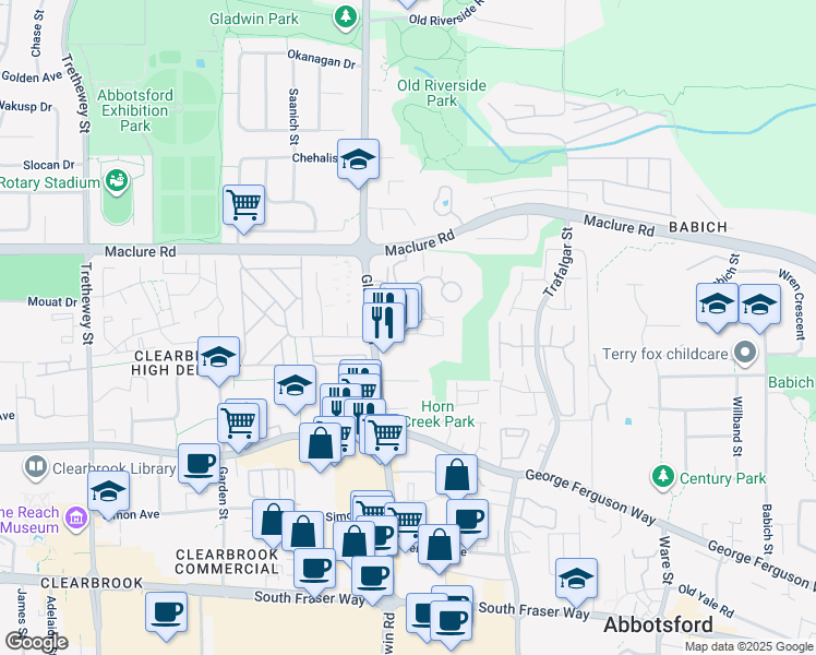 map of restaurants, bars, coffee shops, grocery stores, and more near 3060 Gladwin Road in Abbotsford