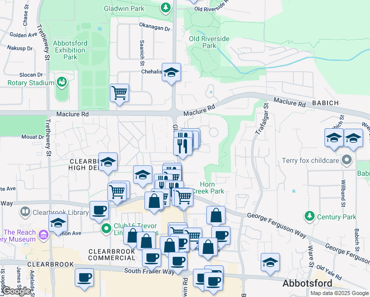 map of restaurants, bars, coffee shops, grocery stores, and more near 3060 Gladwin Road in Abbotsford