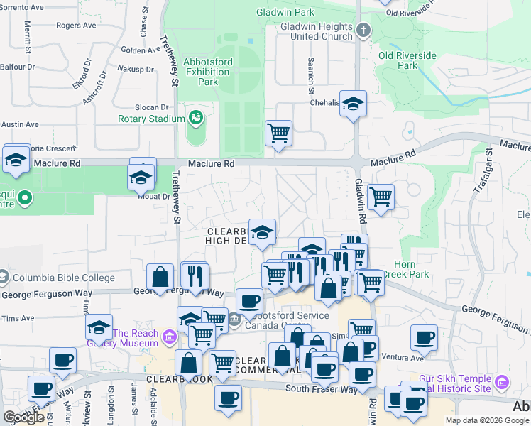 map of restaurants, bars, coffee shops, grocery stores, and more near 32550 Maclure Road in Abbotsford