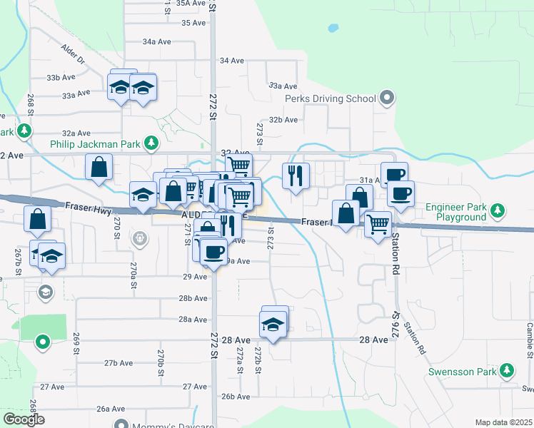 map of restaurants, bars, coffee shops, grocery stores, and more near 27318 Fraser Highway in Langley Township