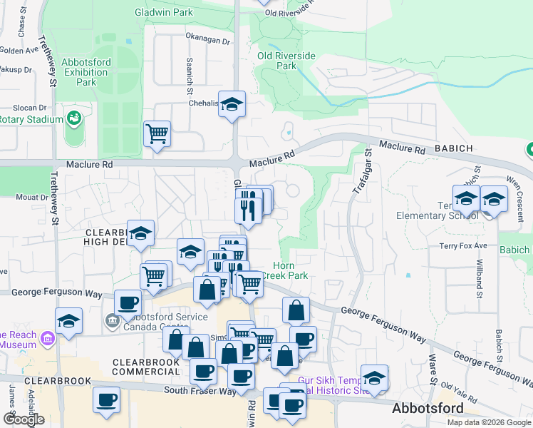 map of restaurants, bars, coffee shops, grocery stores, and more near 3060 Gladwin Road in Abbotsford