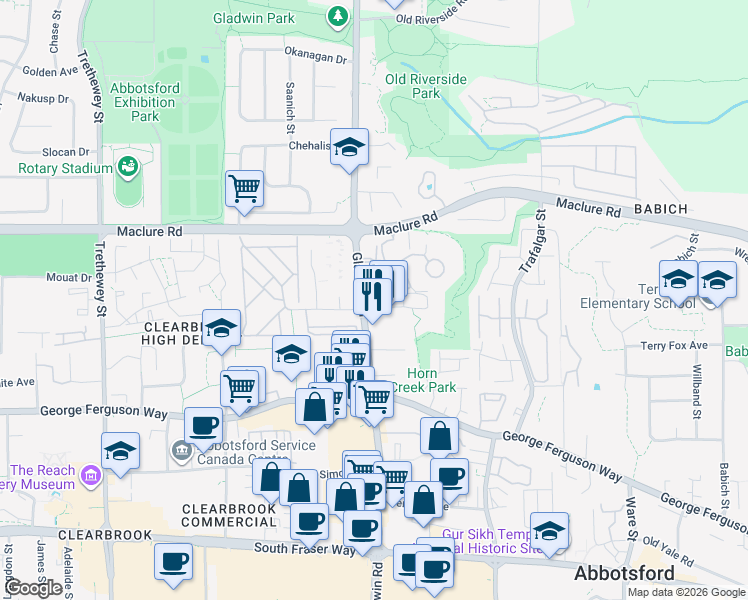 map of restaurants, bars, coffee shops, grocery stores, and more near 3060 Gladwin Road in Abbotsford