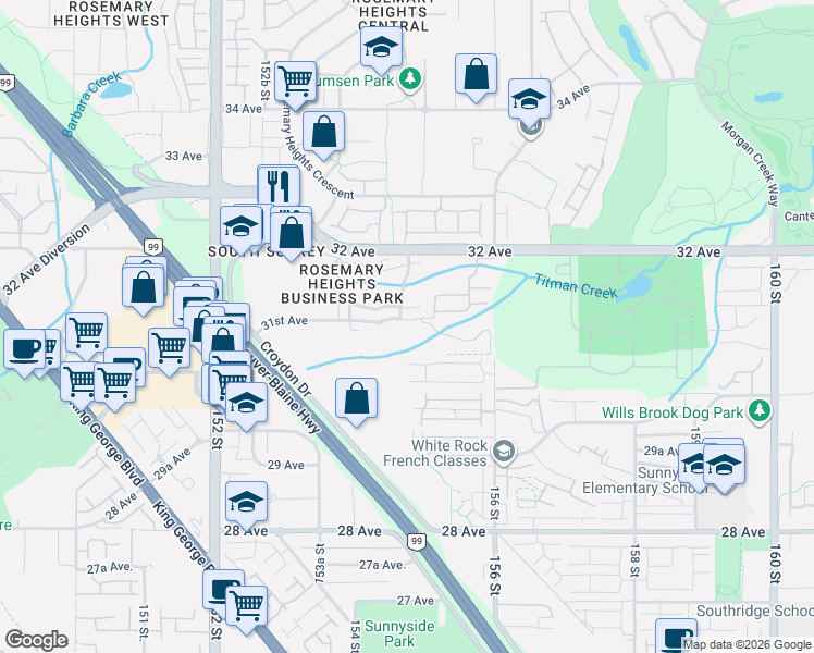 map of restaurants, bars, coffee shops, grocery stores, and more near 15436 31st Avenue in Surrey