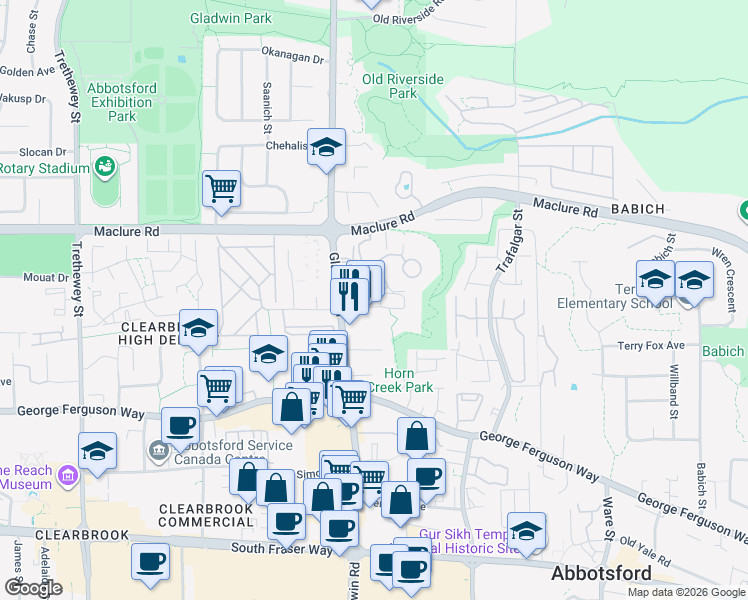 map of restaurants, bars, coffee shops, grocery stores, and more near 3060 Gladwin Road in Abbotsford