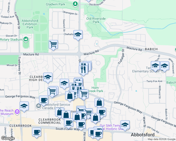 map of restaurants, bars, coffee shops, grocery stores, and more near 3060 Gladwin Road in Abbotsford