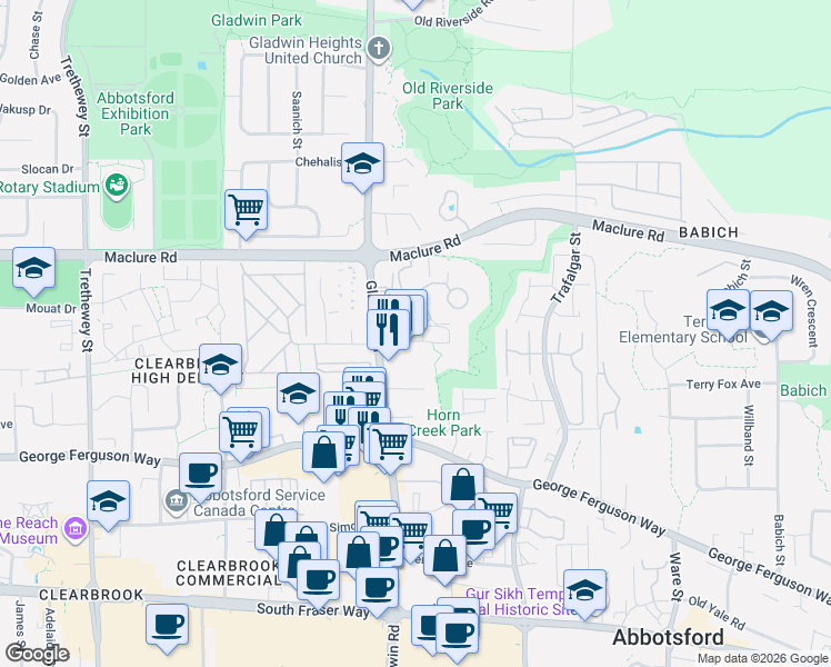 map of restaurants, bars, coffee shops, grocery stores, and more near 3080 Gladwin Road in Abbotsford