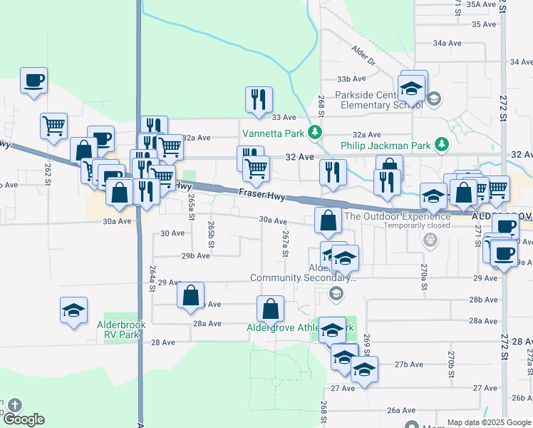 map of restaurants, bars, coffee shops, grocery stores, and more near 26679 30A Avenue in Langley Township