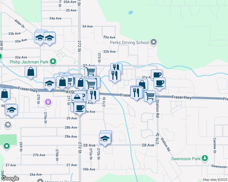 map of restaurants, bars, coffee shops, grocery stores, and more near 27358 32 Avenue in Langley Township