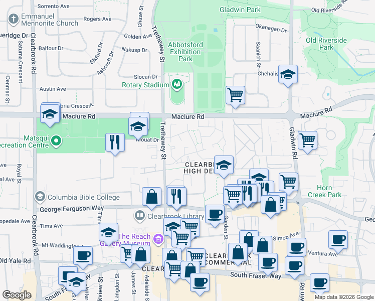 map of restaurants, bars, coffee shops, grocery stores, and more near 3030 Trethewey Street in Abbotsford