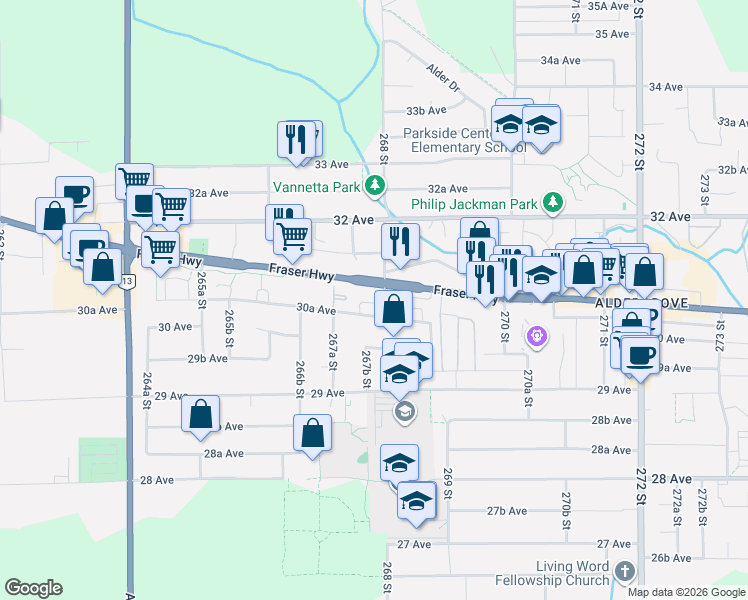 map of restaurants, bars, coffee shops, grocery stores, and more near 3083 268 Street in Langley
