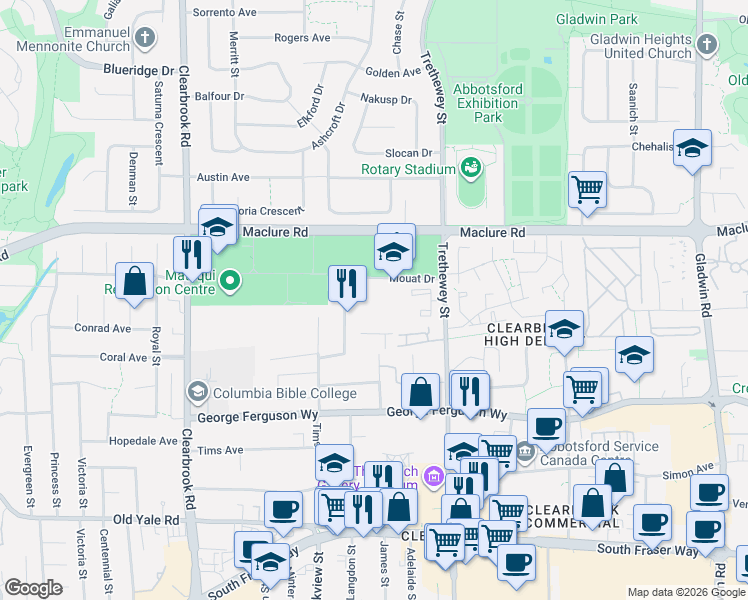 map of restaurants, bars, coffee shops, grocery stores, and more near 32310 Mouat Drive in Abbotsford