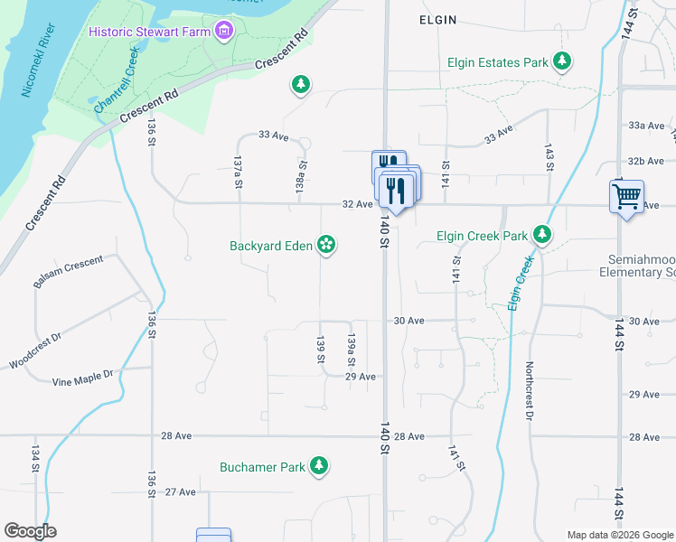 map of restaurants, bars, coffee shops, grocery stores, and more near 3090 139 Street in Surrey