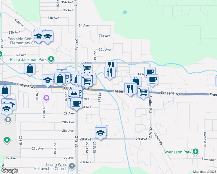 map of restaurants, bars, coffee shops, grocery stores, and more near 27358 32 Avenue in Langley Township