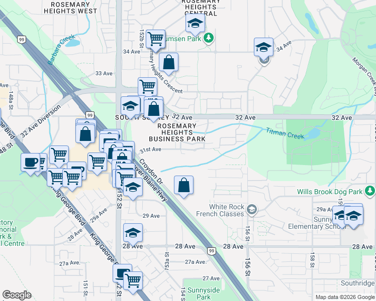 map of restaurants, bars, coffee shops, grocery stores, and more near 15336 31 Avenue in Surrey