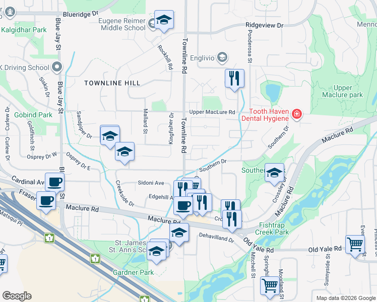 map of restaurants, bars, coffee shops, grocery stores, and more near 31221 Southern Drive in Abbotsford