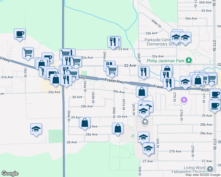 map of restaurants, bars, coffee shops, grocery stores, and more near 26647 30A Avenue in Langley Township
