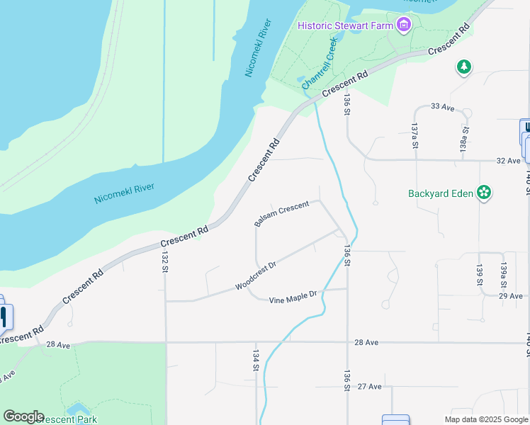 map of restaurants, bars, coffee shops, grocery stores, and more near 13415 Balsam Crescent in Surrey