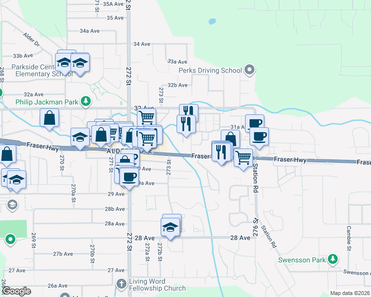 map of restaurants, bars, coffee shops, grocery stores, and more near 27358 32 Avenue in Langley Township