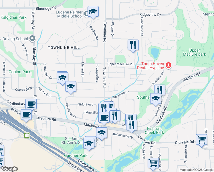 map of restaurants, bars, coffee shops, grocery stores, and more near 3080 Townline Road in Abbotsford