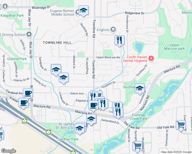 map of restaurants, bars, coffee shops, grocery stores, and more near 31221 Southern Drive in Abbotsford