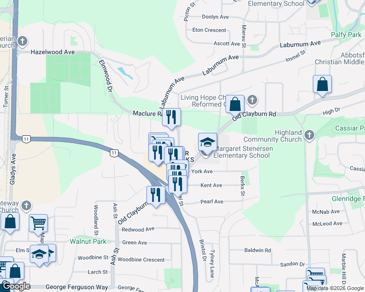 map of restaurants, bars, coffee shops, grocery stores, and more near 3110 Immel Street in Abbotsford
