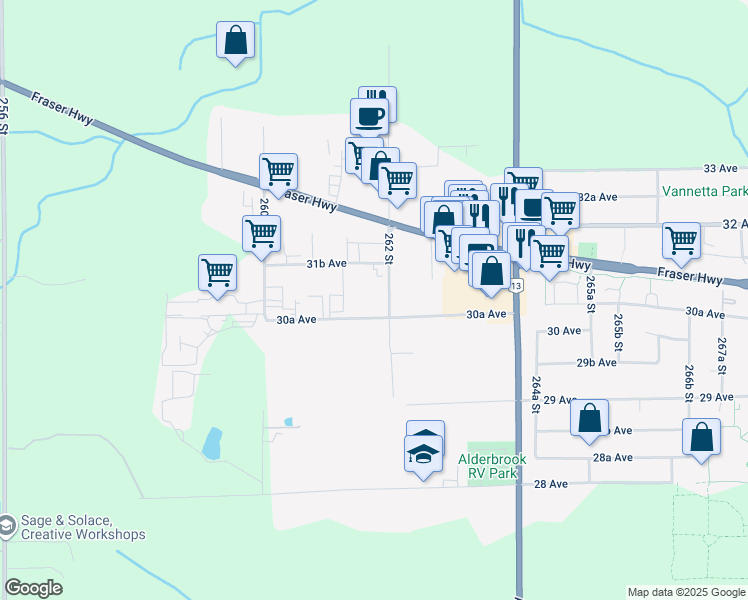 map of restaurants, bars, coffee shops, grocery stores, and more near 26180 31B Avenue in Langley Township