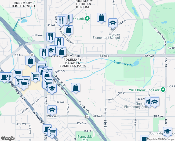map of restaurants, bars, coffee shops, grocery stores, and more near 31 Avenue in Surrey