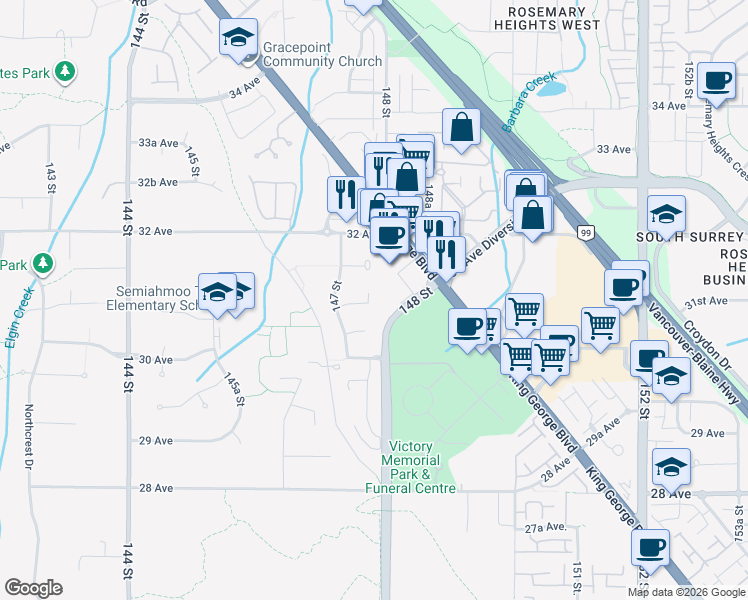 map of restaurants, bars, coffee shops, grocery stores, and more near 14788 31 Avenue in Surrey