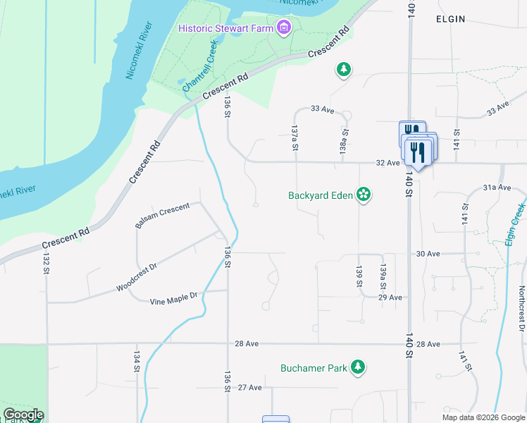 map of restaurants, bars, coffee shops, grocery stores, and more near 3122 136 Street in Surrey