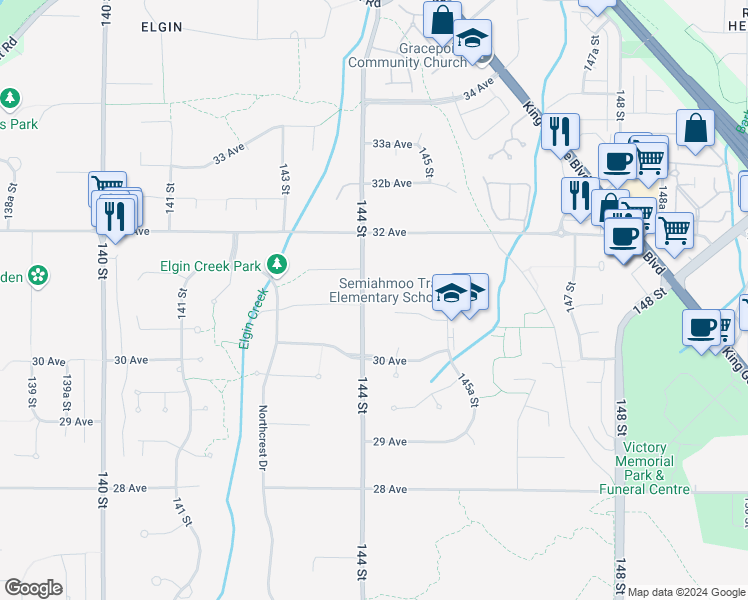 map of restaurants, bars, coffee shops, grocery stores, and more near 3088 144 Street in Surrey