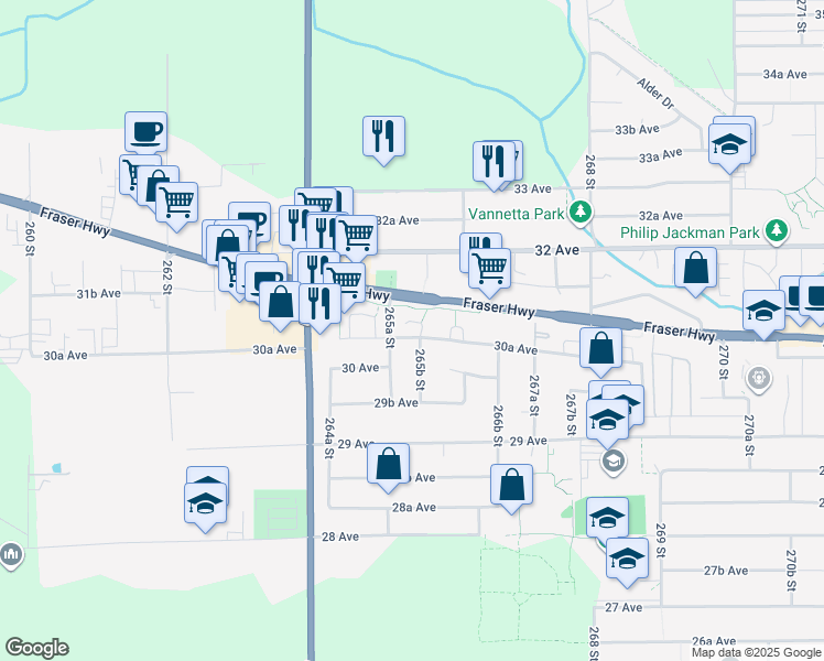 map of restaurants, bars, coffee shops, grocery stores, and more near 26523 30A Avenue in Langley Township