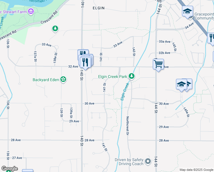 map of restaurants, bars, coffee shops, grocery stores, and more near 3108 141 Street in Surrey