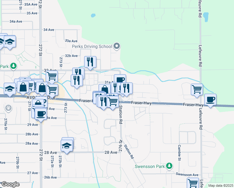 map of restaurants, bars, coffee shops, grocery stores, and more near 3121 276 Street in Langley Township