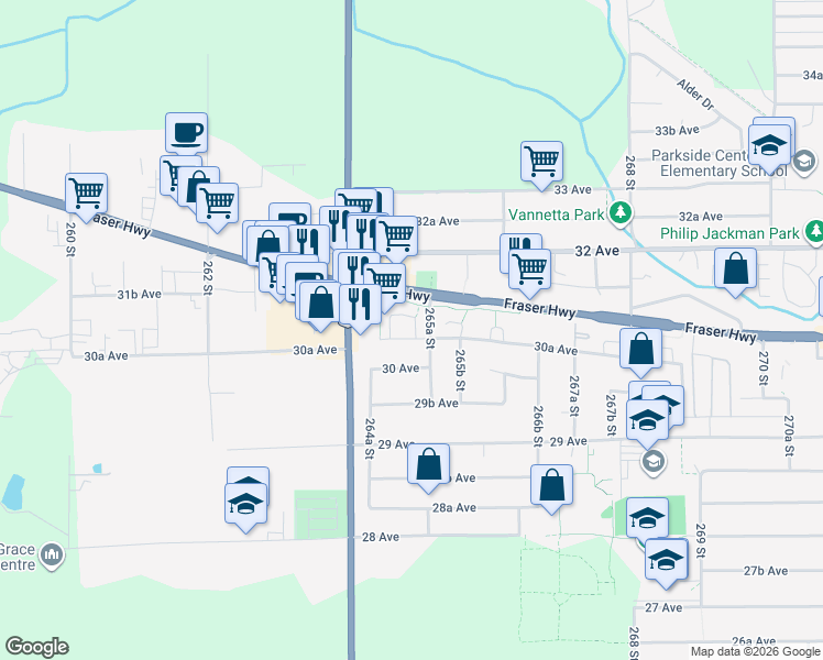 map of restaurants, bars, coffee shops, grocery stores, and more near 26485 30A Avenue in Langley Township