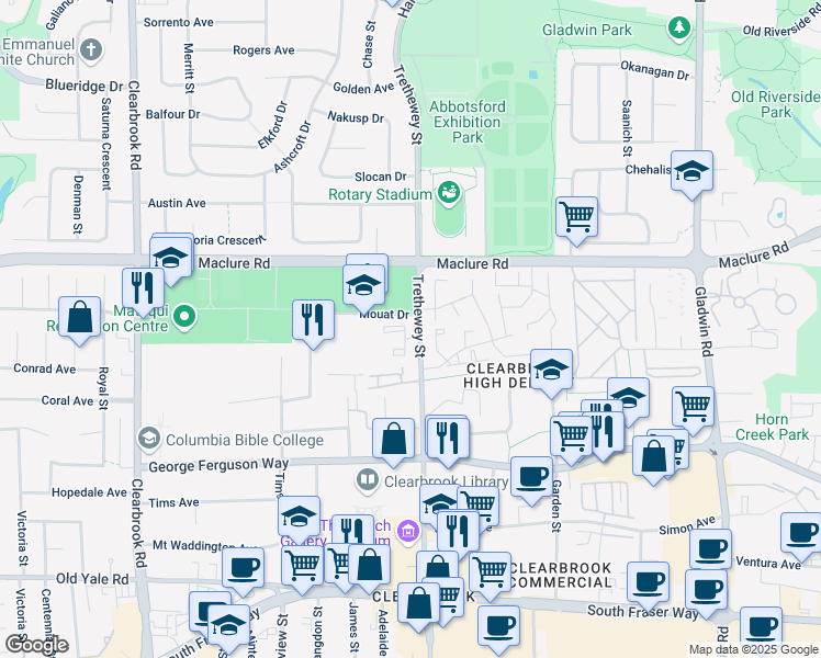 map of restaurants, bars, coffee shops, grocery stores, and more near 3075 Trethewey Street in Abbotsford