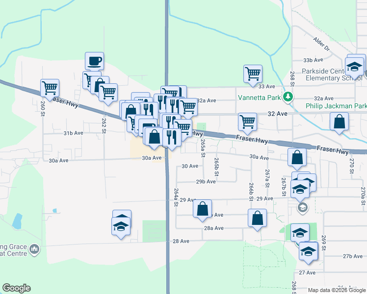 map of restaurants, bars, coffee shops, grocery stores, and more near 26445 30A Avenue in Langley Township