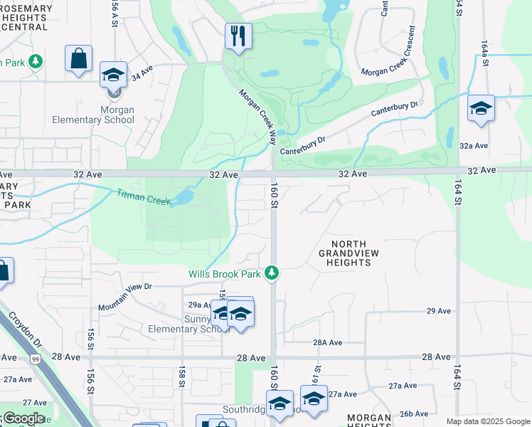 map of restaurants, bars, coffee shops, grocery stores, and more near 3103 160 Street in Surrey