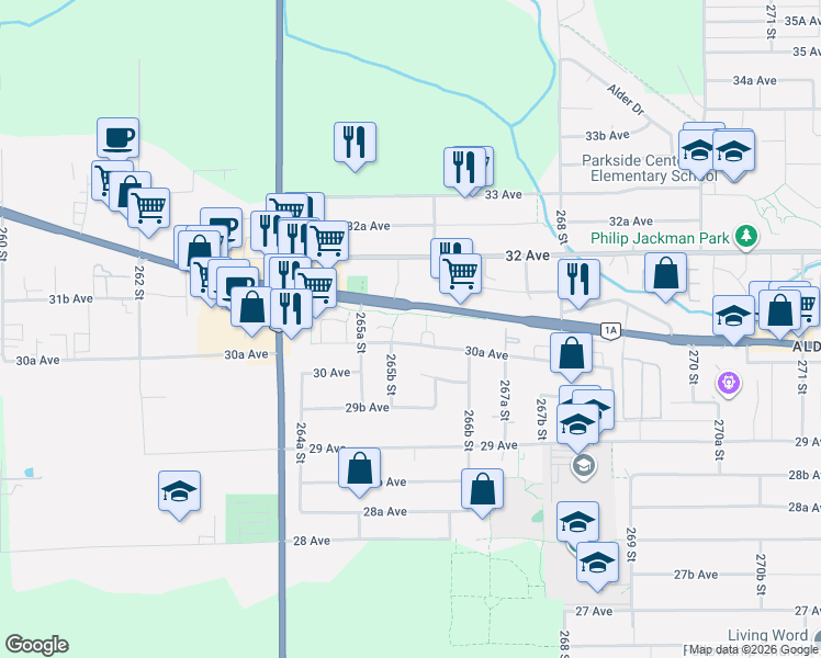 map of restaurants, bars, coffee shops, grocery stores, and more near 26595 30A Avenue in Langley Township