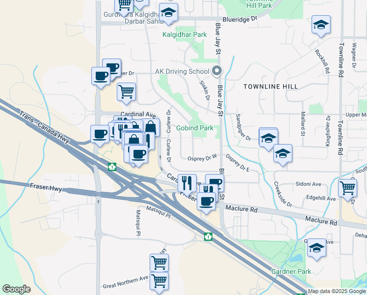 map of restaurants, bars, coffee shops, grocery stores, and more near 3088 Osprey Drive West in Abbotsford