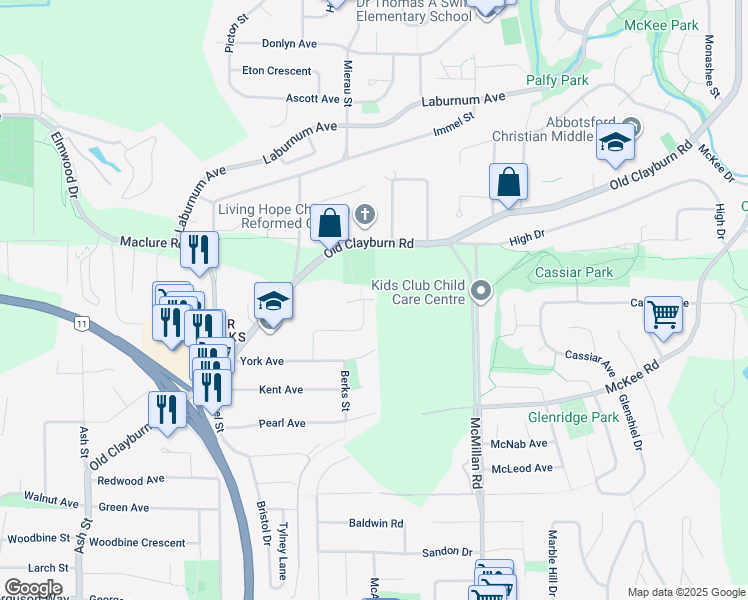 map of restaurants, bars, coffee shops, grocery stores, and more near 34705 Somerset Avenue in Abbotsford