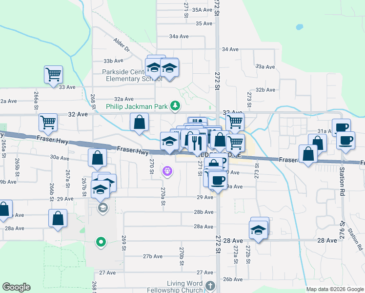 map of restaurants, bars, coffee shops, grocery stores, and more near 27083 Fraser Highway in Langley Township