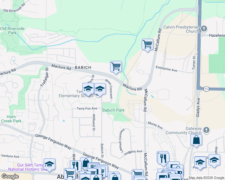 map of restaurants, bars, coffee shops, grocery stores, and more near 33361 Wren Crescent in Abbotsford