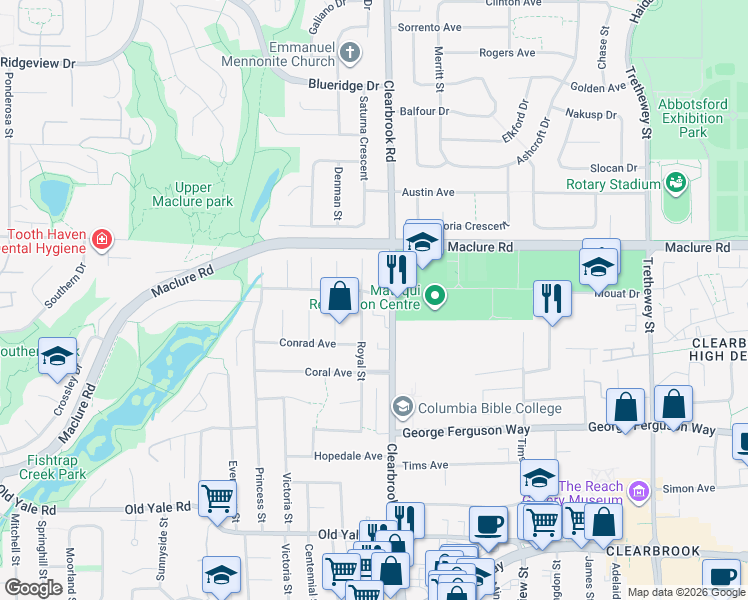 map of restaurants, bars, coffee shops, grocery stores, and more near 31974 Charlotte Avenue in Abbotsford