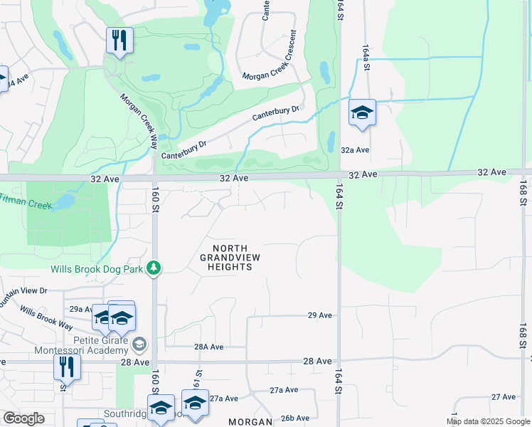 map of restaurants, bars, coffee shops, grocery stores, and more near 3079 162 Street in Surrey