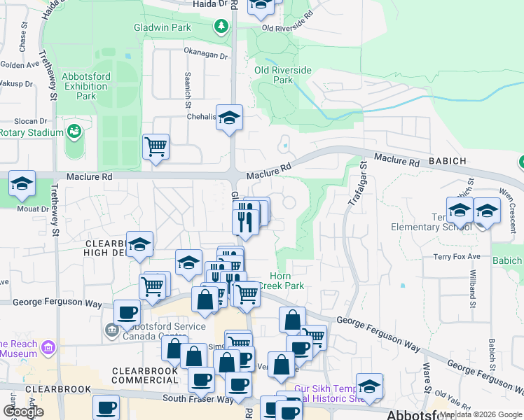 map of restaurants, bars, coffee shops, grocery stores, and more near 3150 Gladwin Road in Abbotsford