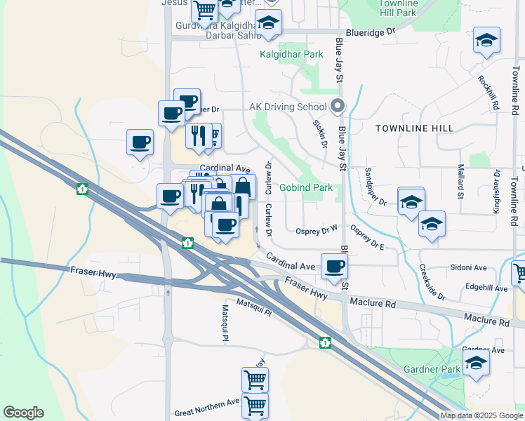 map of restaurants, bars, coffee shops, grocery stores, and more near 3099 Curlew Drive in Abbotsford