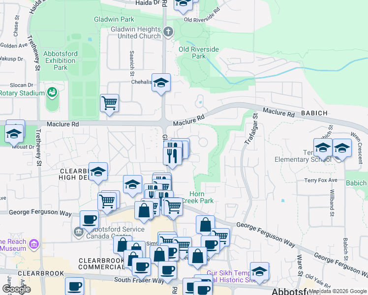 map of restaurants, bars, coffee shops, grocery stores, and more near 3170 Gladwin Road in Abbotsford