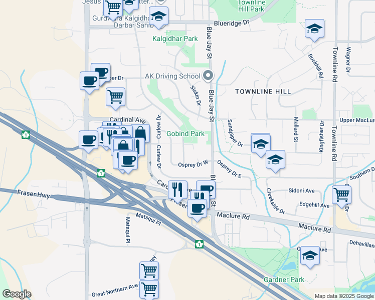map of restaurants, bars, coffee shops, grocery stores, and more near 3118 Goldfinch Street in Abbotsford