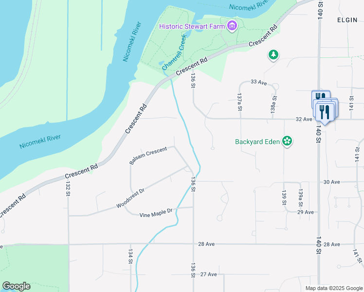 map of restaurants, bars, coffee shops, grocery stores, and more near 13555 Balsam Crescent in Surrey