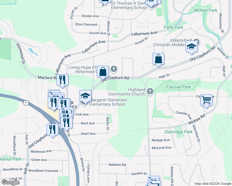 map of restaurants, bars, coffee shops, grocery stores, and more near 34693 Somerset Avenue in Abbotsford